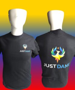 Two black t-shirts on headless mannequins display a colorful JUSTDANE logo on the front chest and a large back logo against a rainbow gradient background.