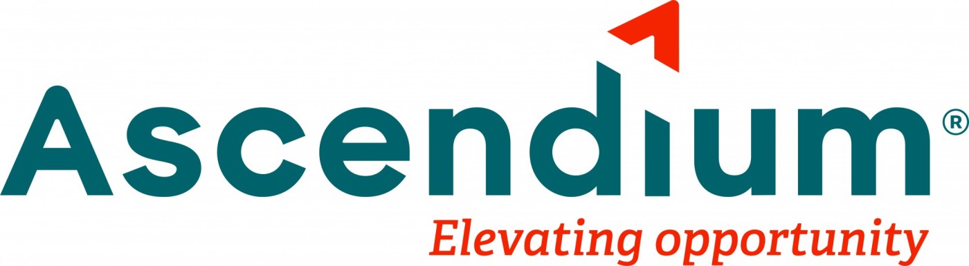 Ascendium logo: teal wordmark with a red upward mark above the 'd' and the slogan "Elevating opportunity" in orange underneath